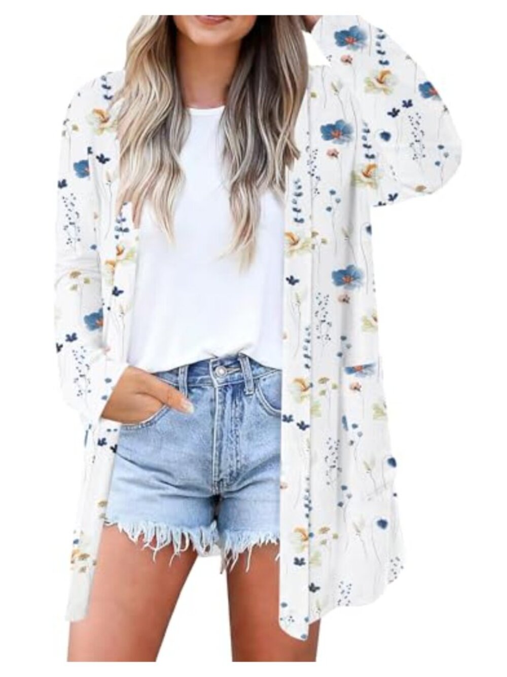 Women's Open Front Cardigan 3/4 Sleeve Eyelet Cuff Lightweight with Pockets